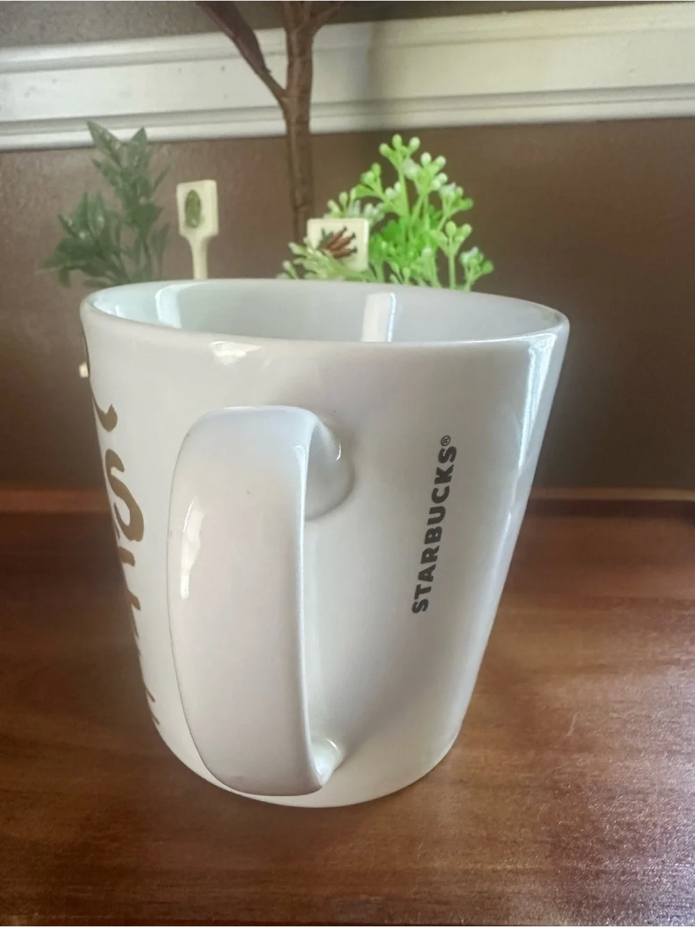 White Ceramic Starbucks Gold Lettering/Graffiti 14 Oz Coffee Cup/Mug 2015 Preown